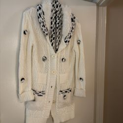 White Knit Cardigan with Faux Fur Trim