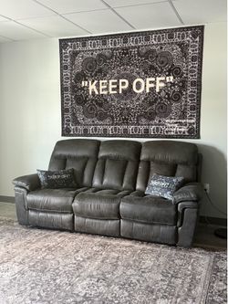 Modern Couch Setup: Rug + Wall Art Included