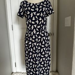 Boden Navy Bird Print Phoebe Jersey Knit Stretch Cotton Dress w/Pockets WW202
