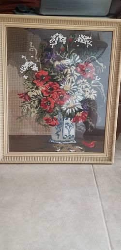 Professionally framed floral needlpoint