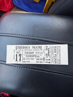vintage 1972 ticket stub for a performance of the musical "Godspell" at the Studebaker Theatre in Chicago