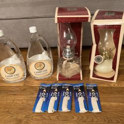 2 Vintage Lamplight Farms Oil Lamps + 2 Lamplight Farms Lamp Oil (64 oz Each) + 5 Lamplight Farms Wicks 