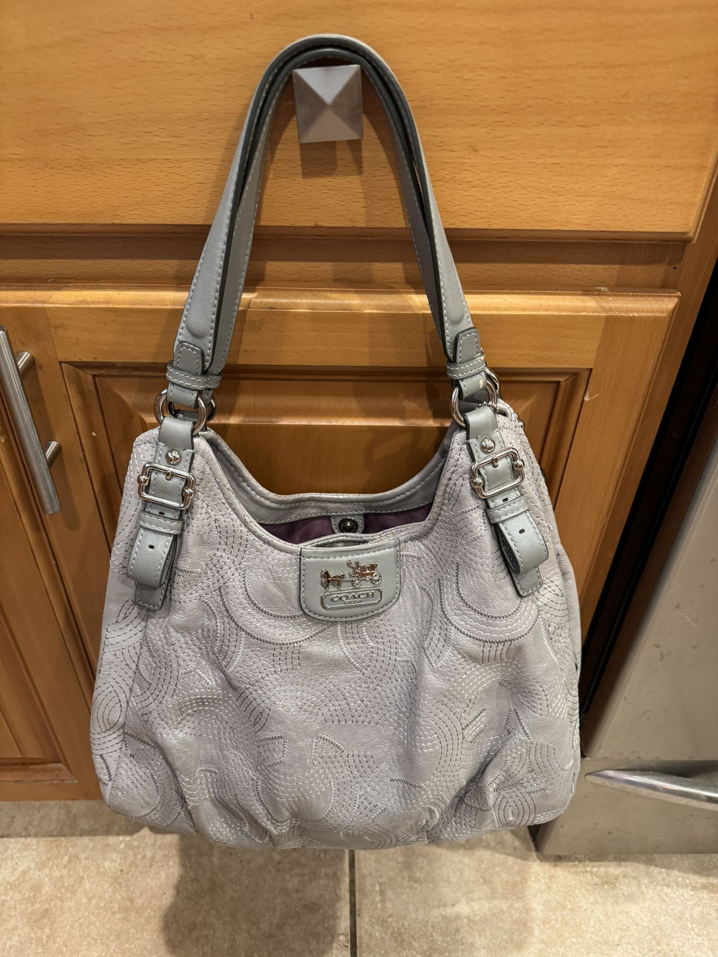 Coach Gray Purse With Purple Interior