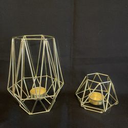 Set of 2 Gold Geometric Metal Tealight Candle Holders for Living Room 