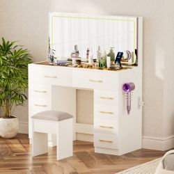 Uppsala 46" Glass Top Vanity Desk Set with 10 Drawers and LED Lighted Mirror