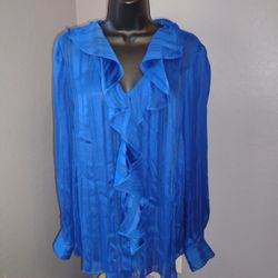 IMNYC: Isaac Mizrahi women's long sleeve blue button down sheer blouse with ruffle neckline size m
