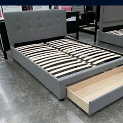 Queen Size Grey Button Bed W Orthopedic Mattress 