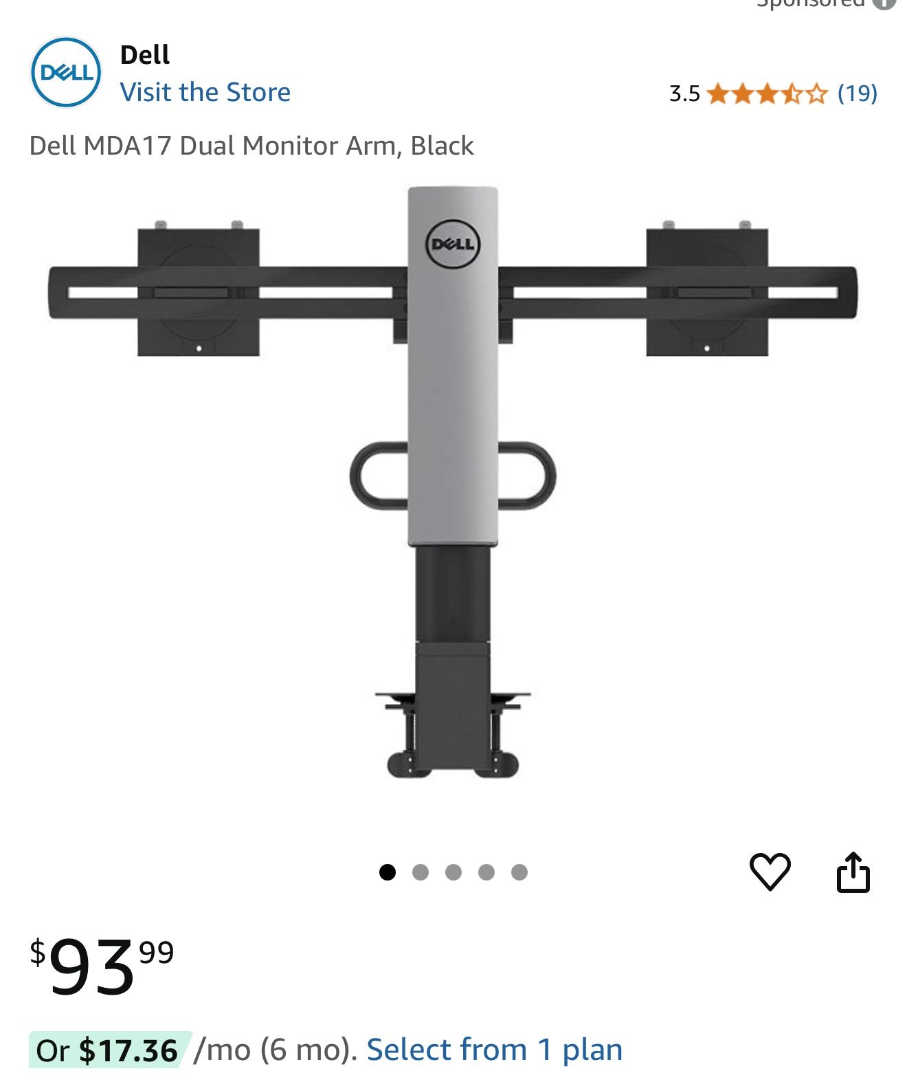 Dell MDA17 Dual Monitor Arm, Black