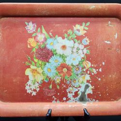 Mid Century Metal Serving Tray with Floral Accent