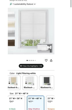 21" W x 48" H, White , No Drill Cordless Cellular Shades (wb17)