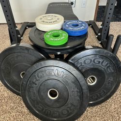 Rogue 90” Rack, Bar, Weights, Bench, Rings