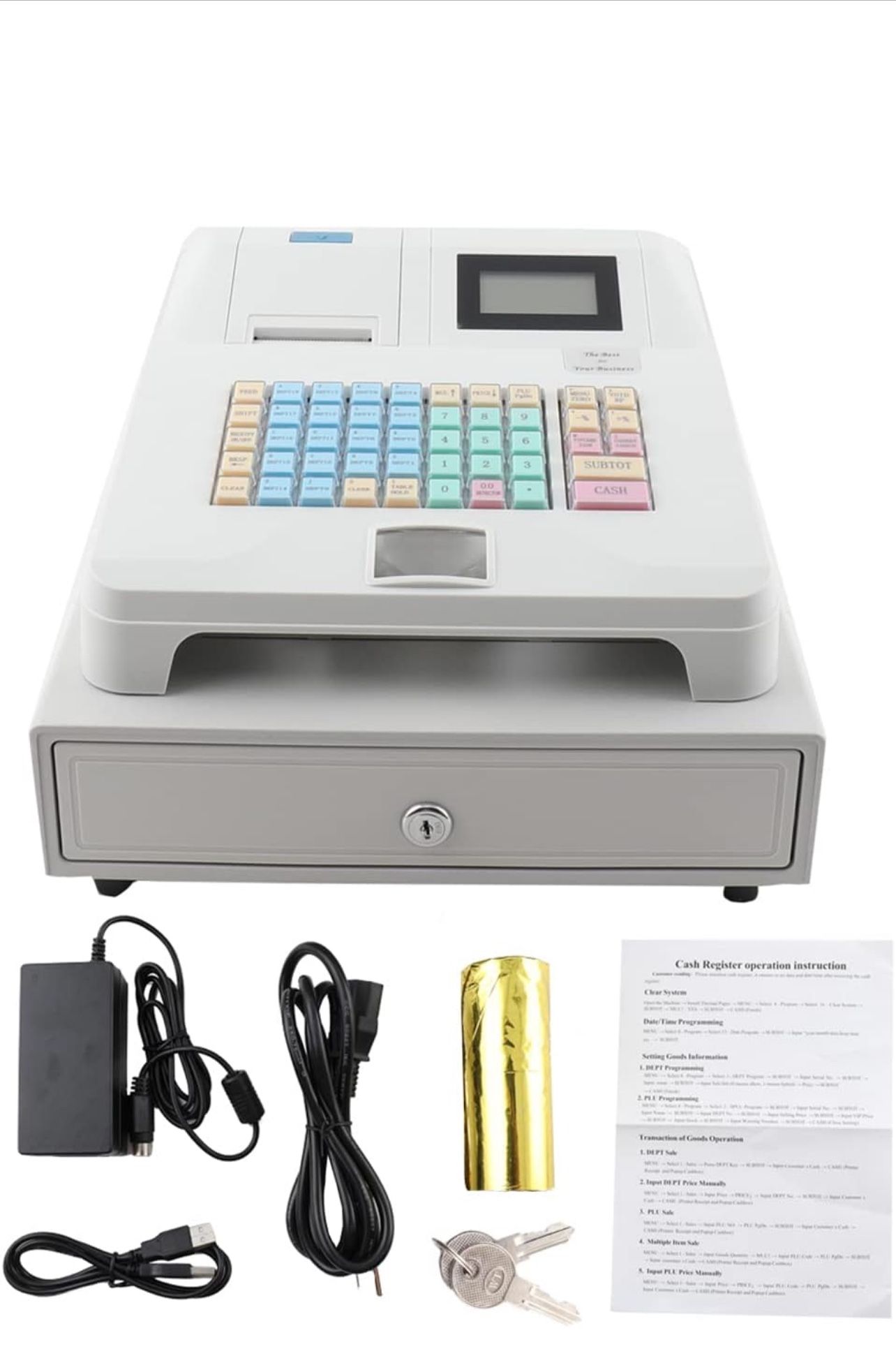 Electronic Cash Register POS System Cash Register with Drawer Box,Digital LED Display,48 Keys Keyboard,Multifunction Cash Register for Retail/Restaura