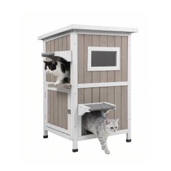 2-Story Weatherproof Wooden Cat House Spacious Outdoor Shelter - PET20