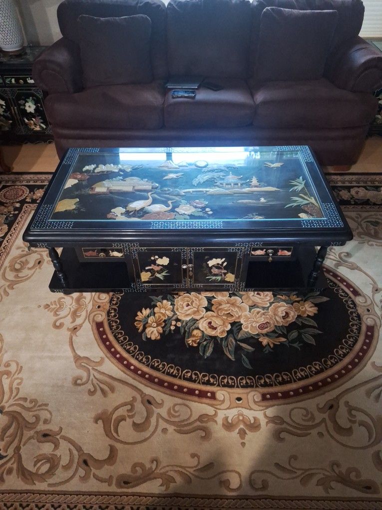 Oriental Black Lacquer Coffee Table And End Tables (×2) With Jade Stode Artwork