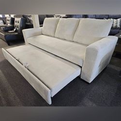 Modern Ivory Corduroy Convertible Sleeper Sofa with Pull-Out Bed