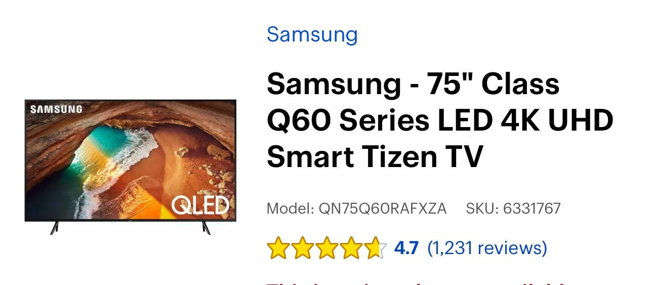 Samsung 75” Q60 Series LED 4K UHD Smart Tizen TV