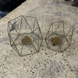 Set Of 2 Gold Geometric Candle Holders