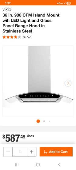 VIKIO
36 in. 900 CFM Island Mount wih LED Light and Glass Panel Range Hood in Stainless SteelNew in box
If ad up I still haveNew in box
If ad up I s
