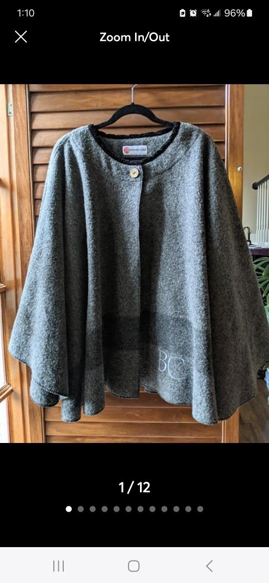 Vtg Barbara Cobb Gray 1 Button Poncho Cape Overcoat