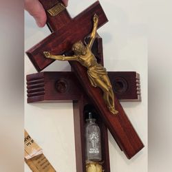 DIVINITY Crucifix Sick Call Set JESUS HEAL Wood Cross Original Antique Fine Art