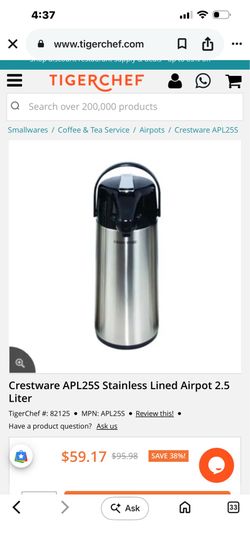 Stainless lined Airpot, 2.5 liters. Good for coffee, etc. for group.
