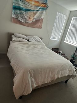 Queen Bed Frame, Hybrid Mattress, 3" Memory Foam Mattress Topper, Bed Sheets/Comfortor/Blankets