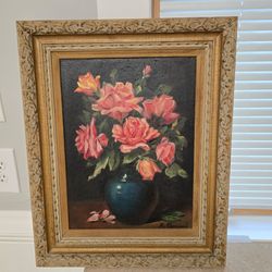 Vintage Oil Painting of Pink Roses in Vase with Ornate Gold Frame (20.75"x16.75")
