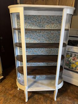 ANTIQUE TIGER OAK CURIO CABINET CURVED GLASS AMERICAN MADE MID 20th CENTURY - MUST SELL