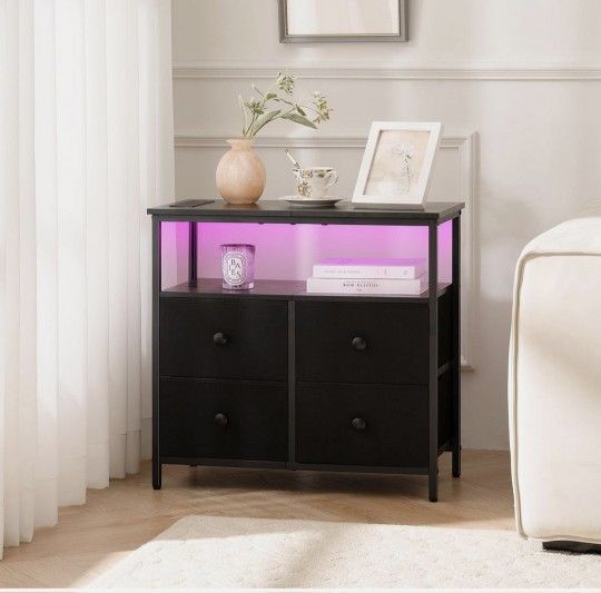 Yoobure Night Stand with Charge Station, Nightstand 4 Drawers Black 