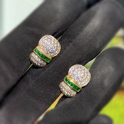Jewelry 18k solid yellow gold white natural diamonds and emerald stones 3.50CTW heart clip on earrings 10.10g