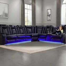 Power Electric Black Leather Fully Reclining Sectional Couch 