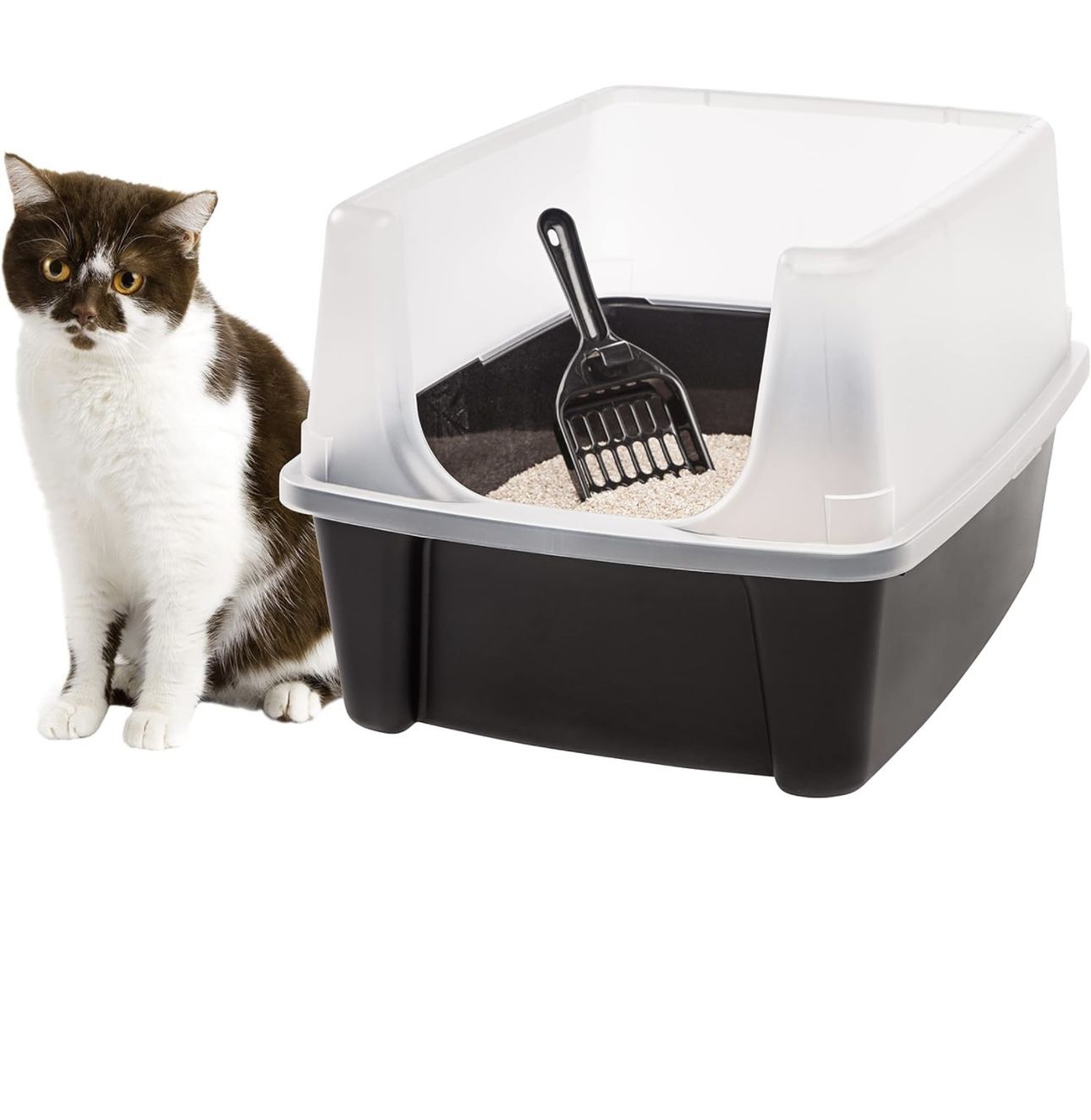 Caja de arena para gatos IRIS USA, arenero para gatos con escudo y pala para arena, color negro