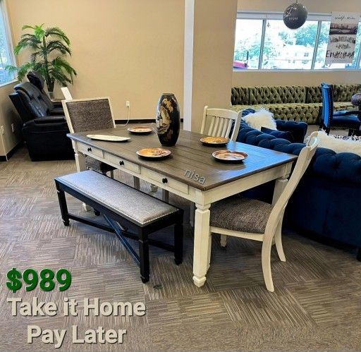 BOLANBURG ANTIQUE WHITE-OAK DINING ROOM SET
(Table+4 Side Chairs+Bench)