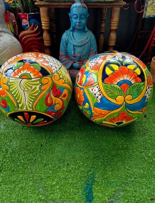 Two Vintage Sphere Handpainted Talavera Pottery Outdoor Indoor Multicolored Glazed Statues 12" 