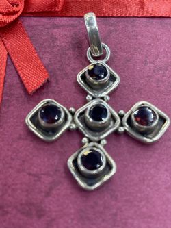 Garnet ROUND BEZEL SET Byzantine Cross Sterling Silver Italy NEW CRAFTMANSHIP