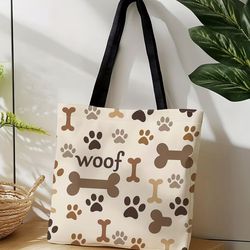 Brand New Canvas Dog Paws, Dog Bone, & Woof Words Design Tote Bag