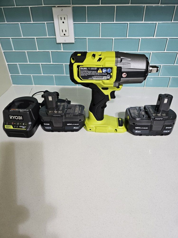 RYOBI ONE + HP 18V 4-MODE 1/2 HIGH TORQUE (2) BATTERIES, CHARGER BRAND NEW NEVER USED (PBLIW01K1)  1,170 FT-LBS. BREAKAWAY TORQUE 