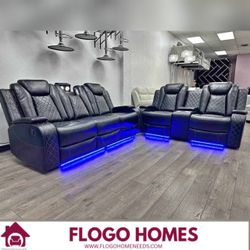2PC Black Leather Power recliner sofa and loveseat with USB and LED 
