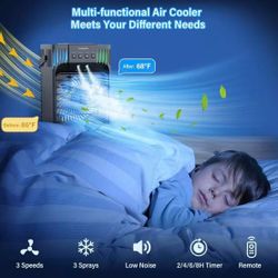 4-in-1 Evaporative Air Cooler with Remote Control, Cooling Fan with 3 Modes, 3 Speeds & 7 LED Lights, 2-8H Timer, 1200ML Personal Mini AC Unit