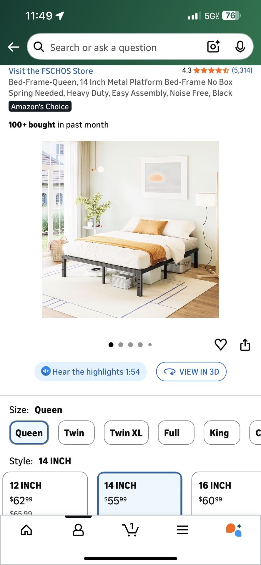 14” Black Metal Bed Frame - Queen