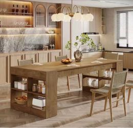 70.87 in. Rustic Brown Rectangle Wood 4 Legs Dining Table for 6-8, FarmhouseTable with Storage Shelves for Dining Room