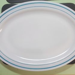 Vintage PYREX Oval Platters Tableware By Corning Double Blue Turquoise Band 12" Pair 

