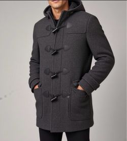 Express Men’s Gray Wool Blend Duffle Coat – Hooded Toggle Closure