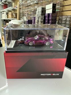 PORSCHE RWB 964 CHROME PURPLE WITH MAGNETIC ENGINE 1/64 CAR BY MOTOR HELIX
