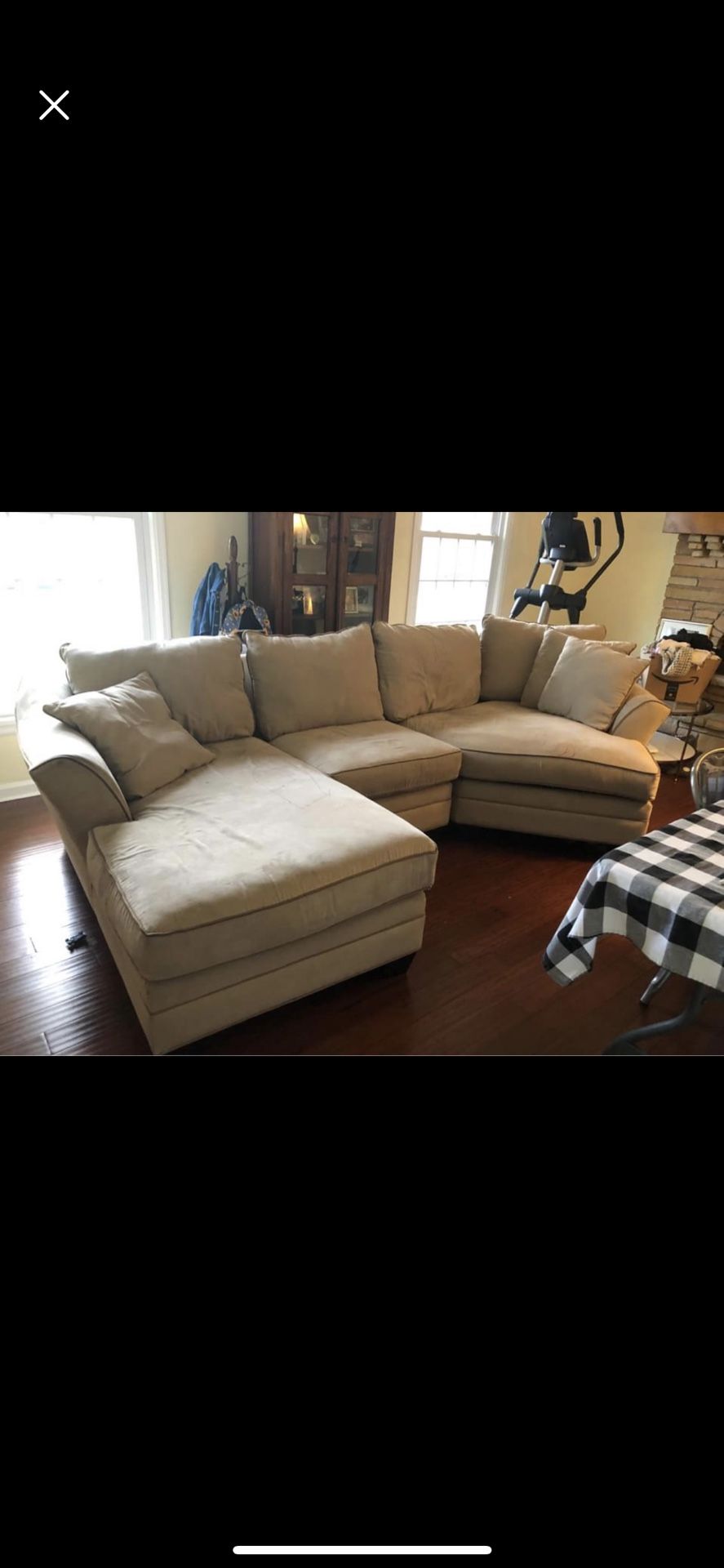 Raymour & Flanigan Briarwood collection. taupe/khaki color 3 piece sectional couch with chaise and lounge chair