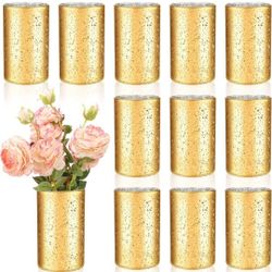 Sunnyray 12 Pcs Gold Cylinder Vases for Centerpieces, 6 Inch Speckled Flower Vase Wedding Decorations, Mercury Glass Votive Candle Holders, Decorative