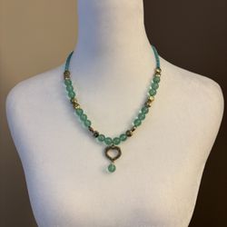 Chic light green glass Beaded Necklace with Heart Charm