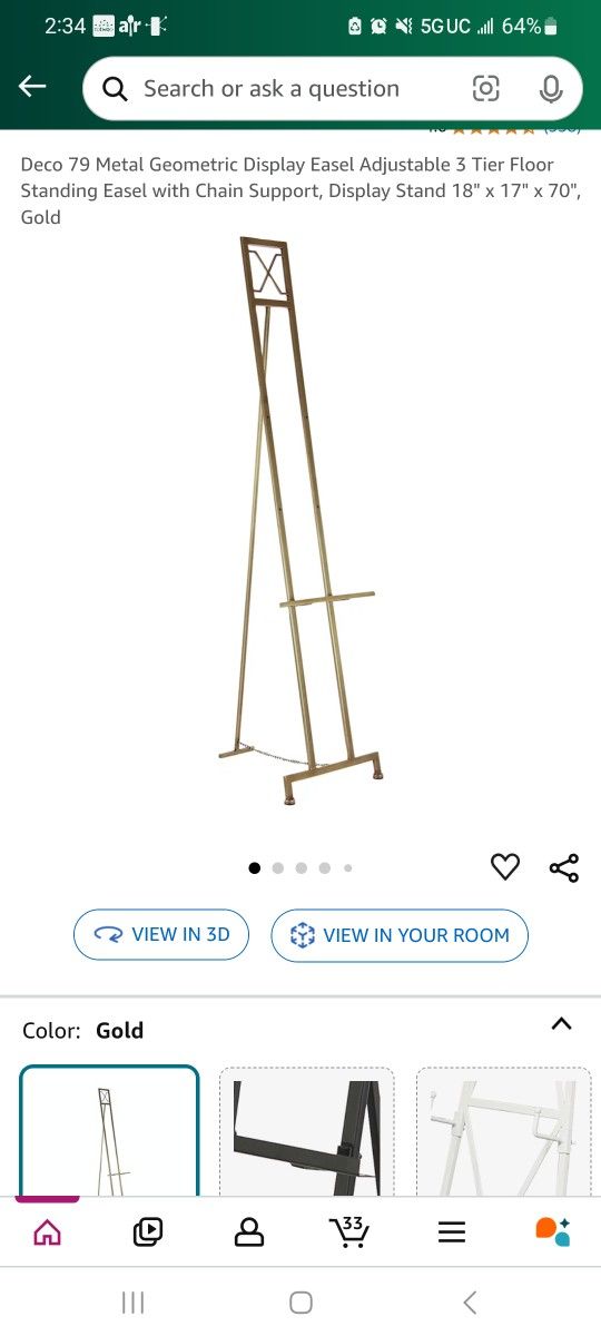 Deco 79 Metal Geometric Display Easel Adjustable 3 Tier Floor Standing Easel with Chain Support, Display Stand 18" x 17" x 70", Gold