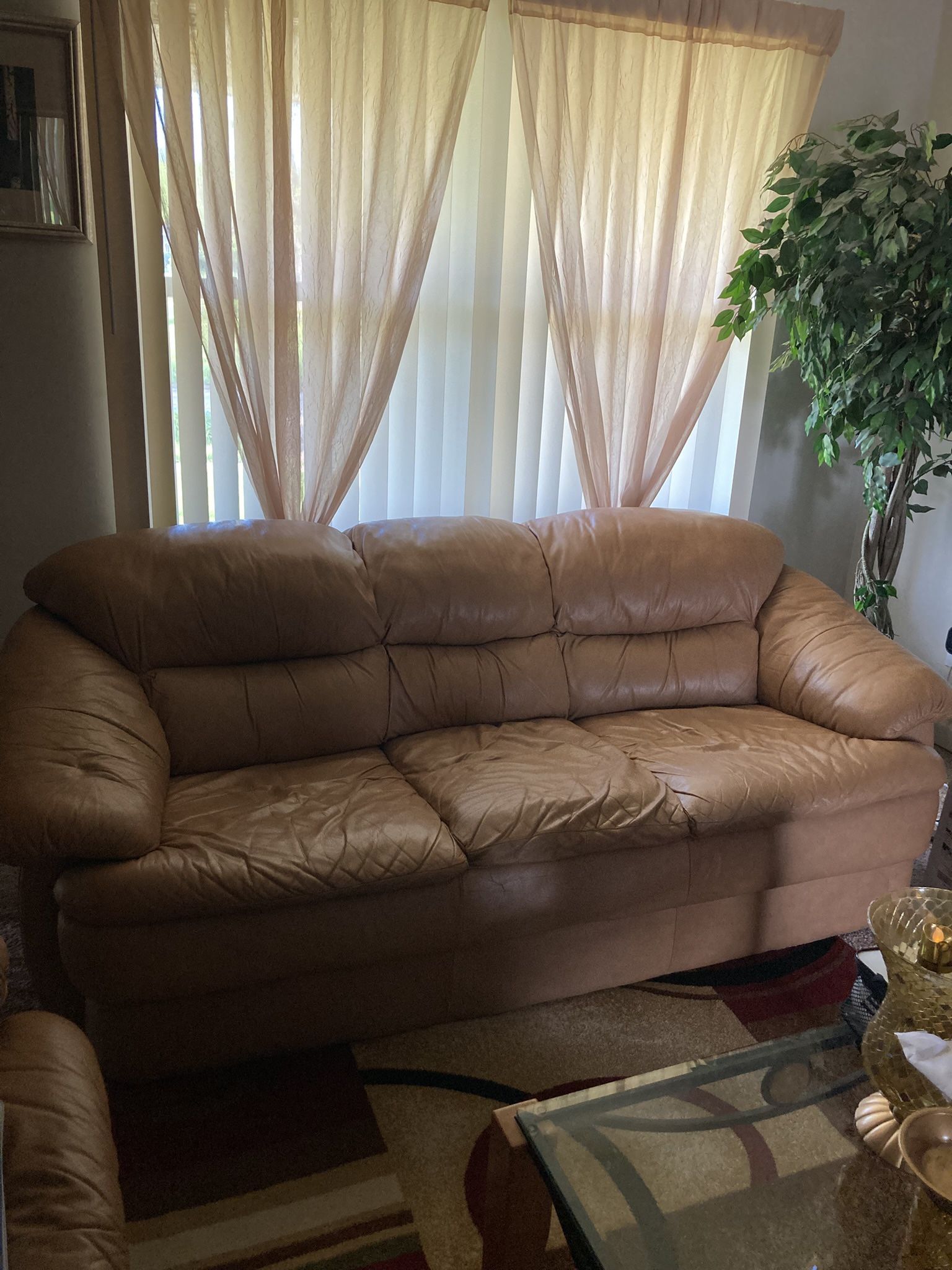 Caramel Soft Butter Leather Set & Glass Table