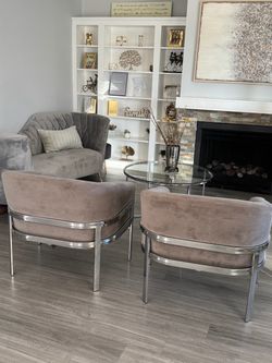 Set of 2 Gray Velvet Accent Chairs with Chrome Frame